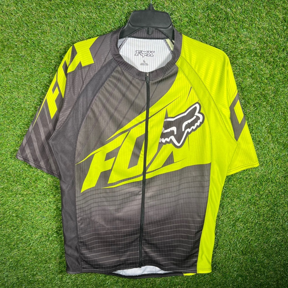Fox Racing Mens Cycling Jersey Large Neon Yellow Grey Full Zip‎ Short Sleeve